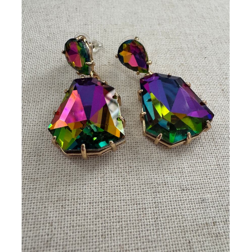 AB Volcano Crystal Statement Earrings Rainbow Faceted Glass Drops NWOT